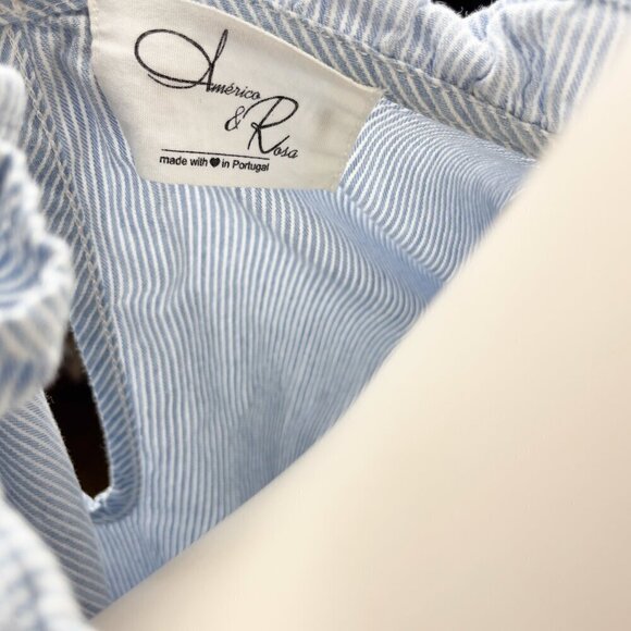 AMERCICO & ROSA Blue White Coastal PinStriped Ruffled Blouse Top Size M - Picture 5 of 7